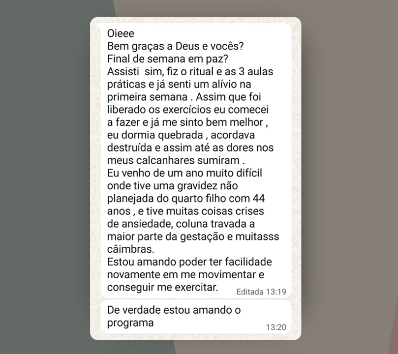 Depoimento via WhatsApp de uma aluna que sentiu alívio na primeira semana